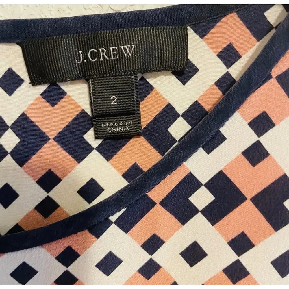 J. Crew Navy and Blush Geometric Pattern Silk Blouse Size 2